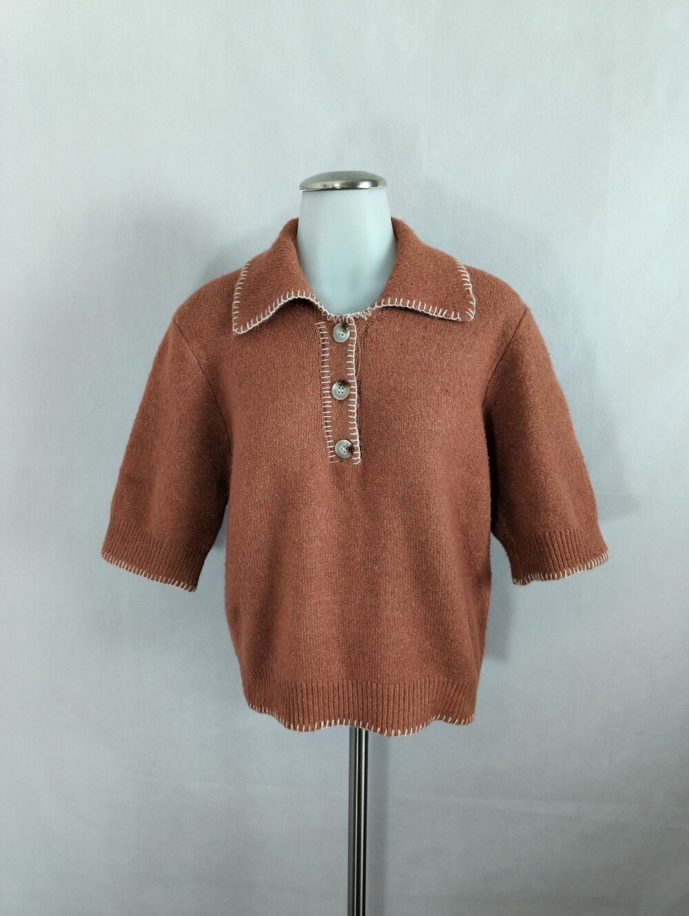 Entro Burnt Orange Cropped Collared Acrylic Short Sleeved Sweater